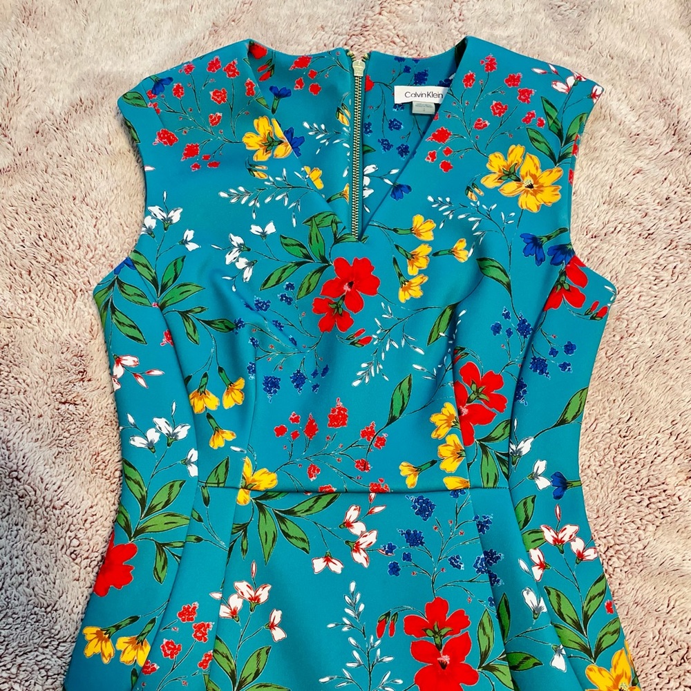 Calvin Kline Teal Dress with colorful flowers. Size 6.